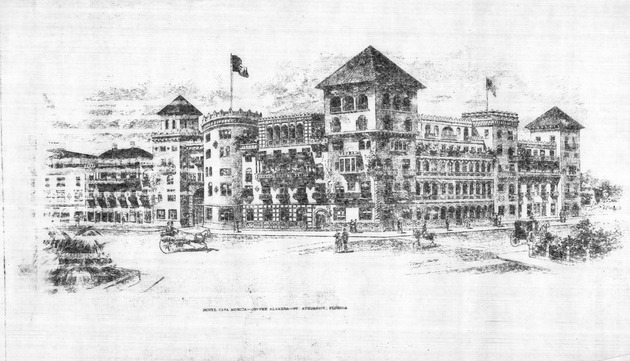 A black and white print of the Hotel Cordova seen from the intersection of King and Cordova Streets. Horse drawn carriages and people can be seen on both streets.