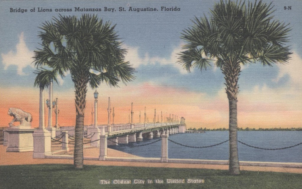 A postcard of the Bridge of Lions across Matanzas Bay in St. Augustine, Florida, at sunrise.