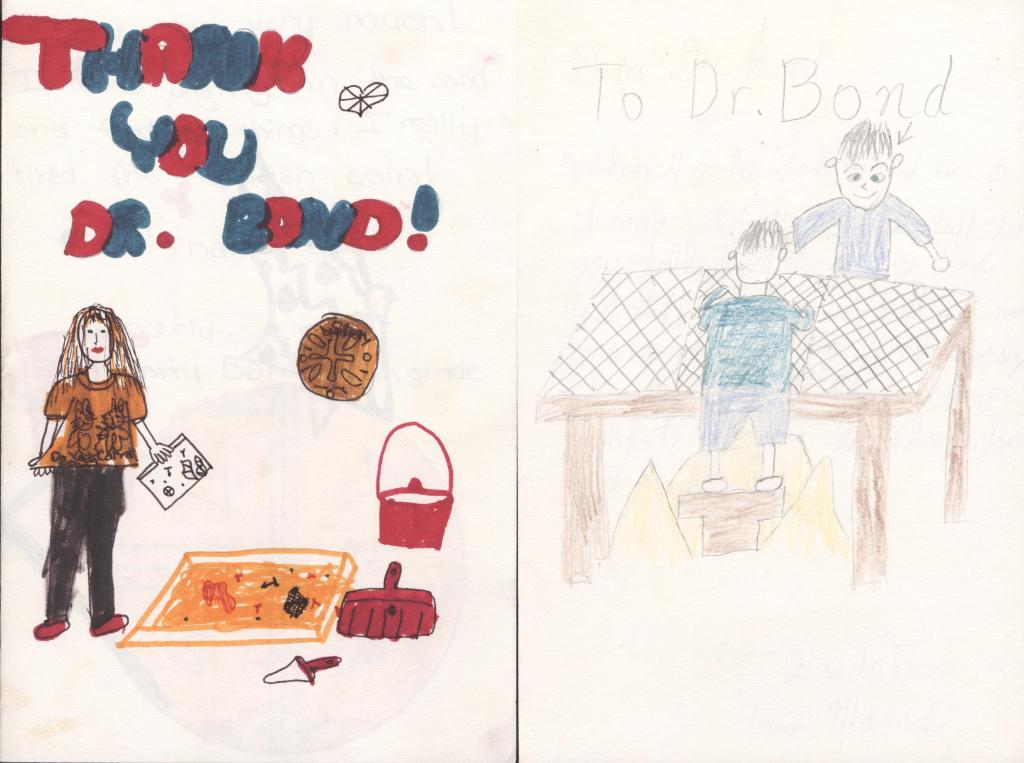 Two hand drawn thank you cards showing kids excavating at archaeological digs.
