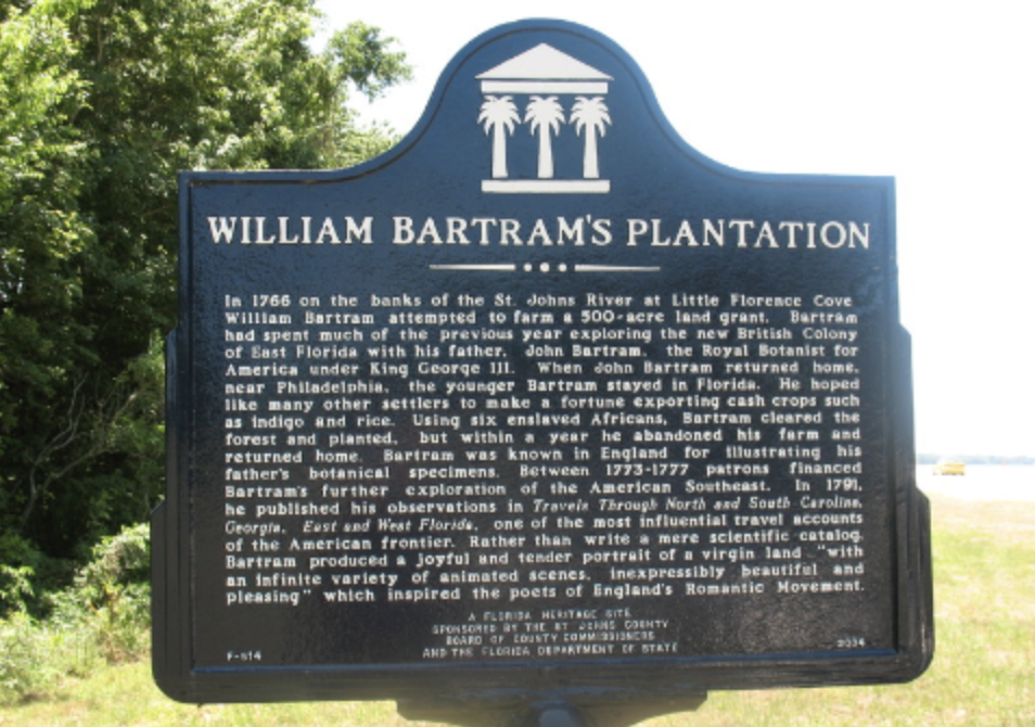 A color photograph of a metal historic marker for William Bartram's plantation.