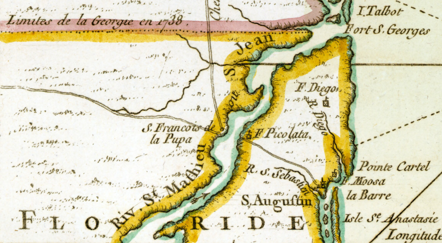A section of a map depicting northeast Florida and its towns and fortifications.